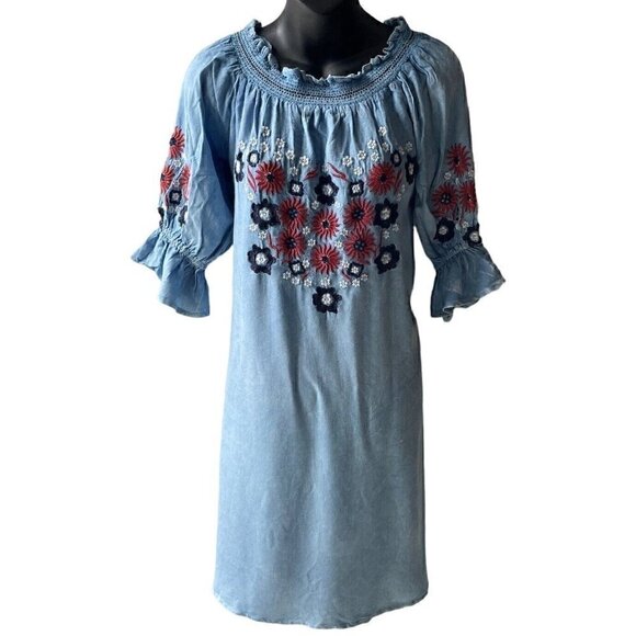 VTG 90s Rainforest Cafe Blue Chambray Floral Red Embroidered Dress Women’s S - Picture 2 of 10